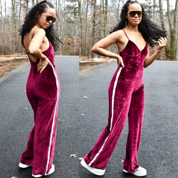 FAME VELVET STRIPE TRACK BURGUNDY JUMPSUIT - Picture 2 of 7